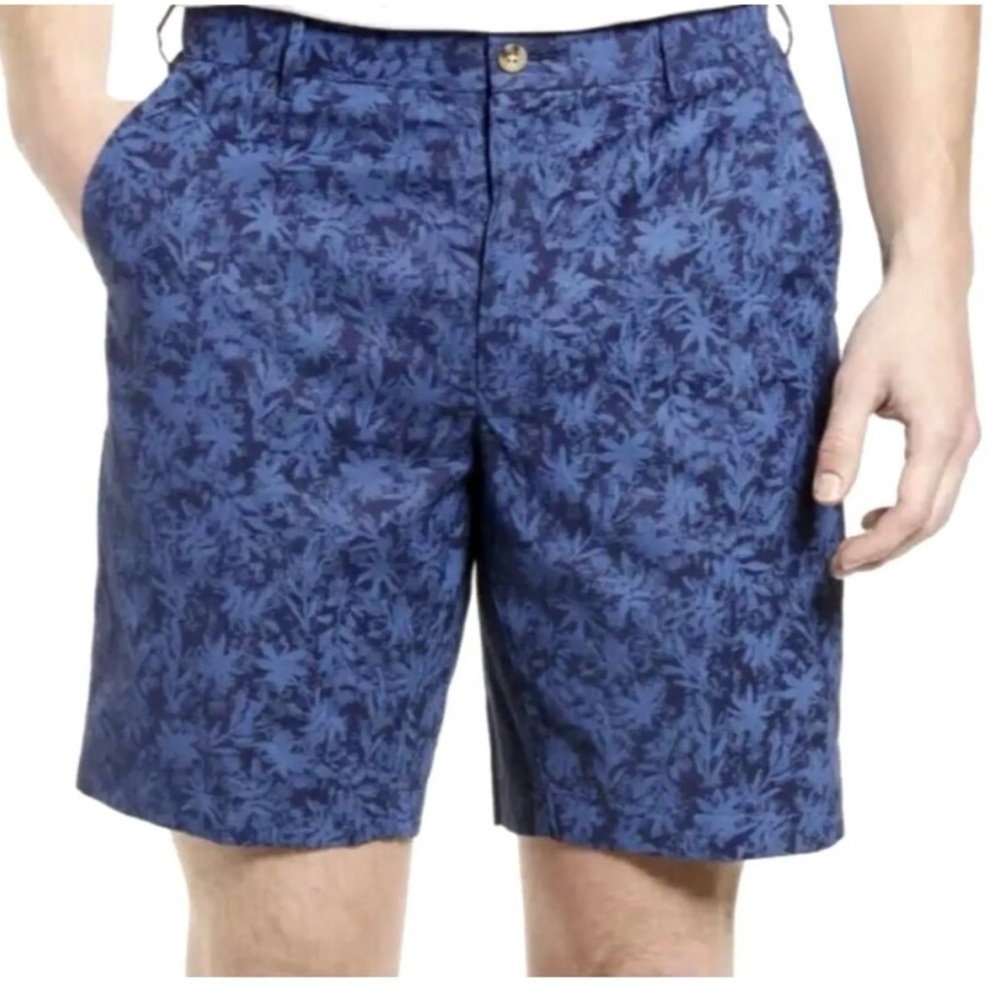 Peter Millar Seaside Palms Poplin Print Stretch Shorts Size 34 blue